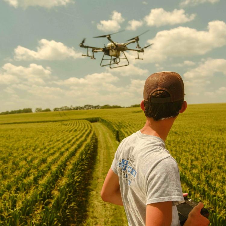 Person flying a drone over a crop